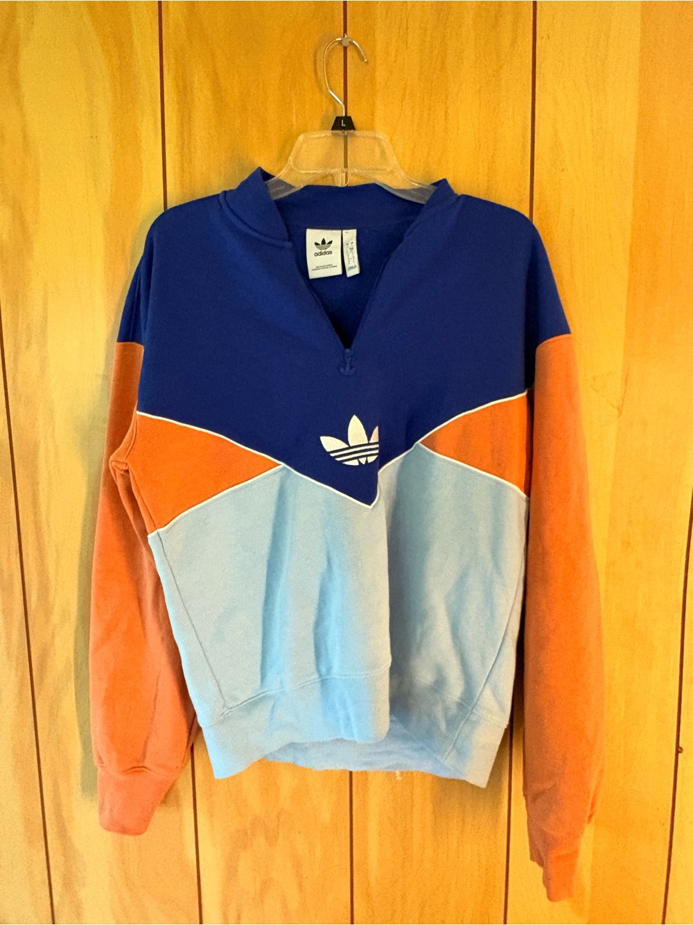 adidas Colorblock V‑Neck Trefoil Pullover — Royal Blue, Light Blue & Orange